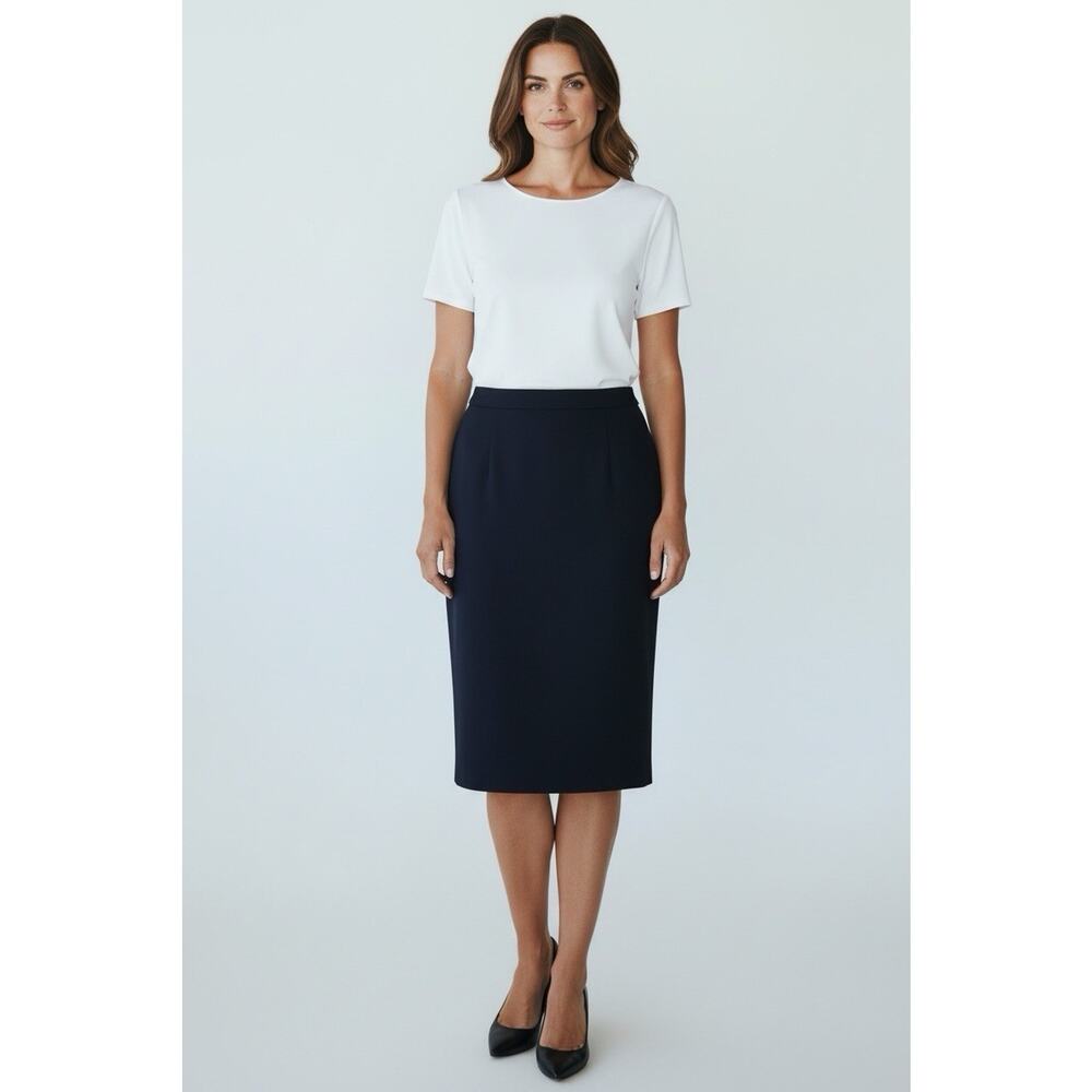 Norma Kamali Slinky Knit Midi Pencil Skirt size Large Navy Blue Stretch Pull on